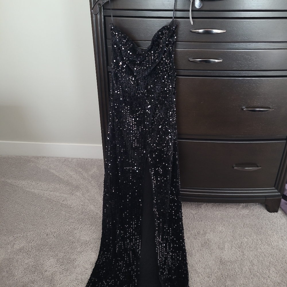 MYKRISTI Strapless Maxi Black Sequin Dress